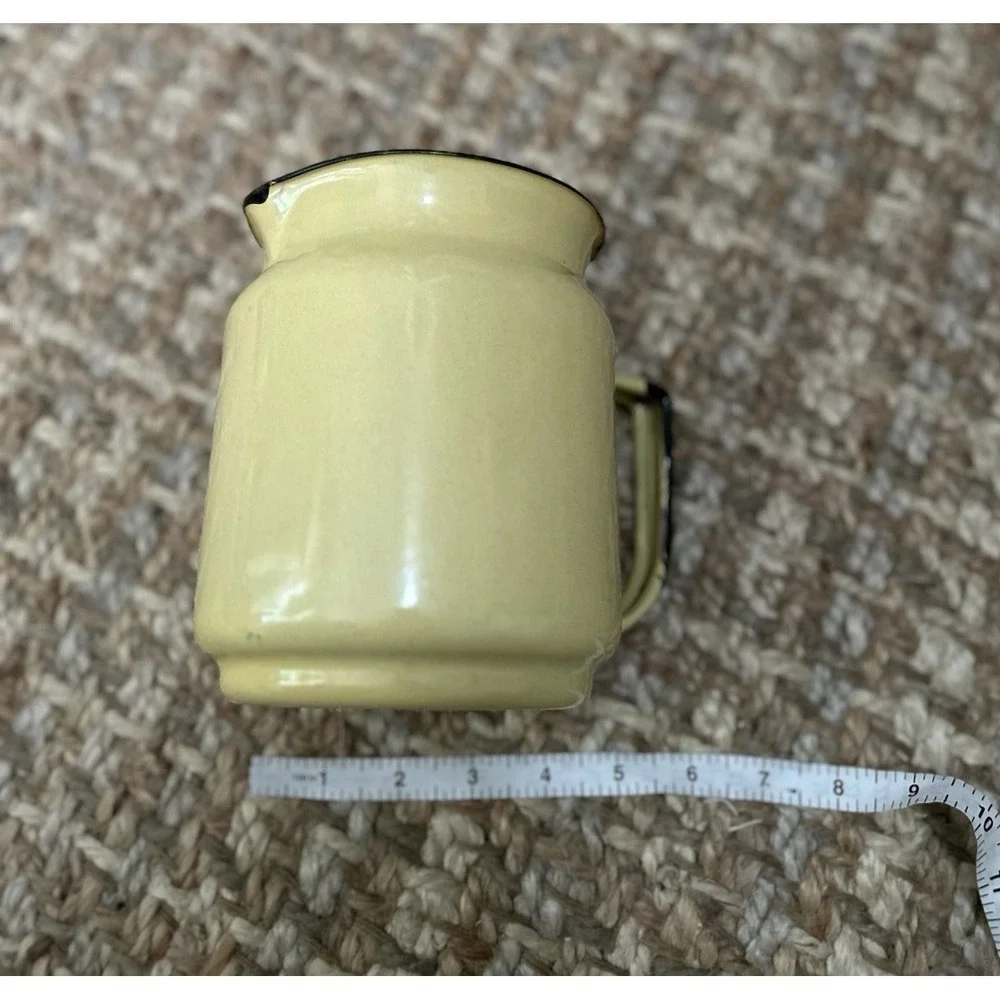 Vtg Enamelware Pitcher Yellow Black Trim Farmhouse Cottagecore Rustic